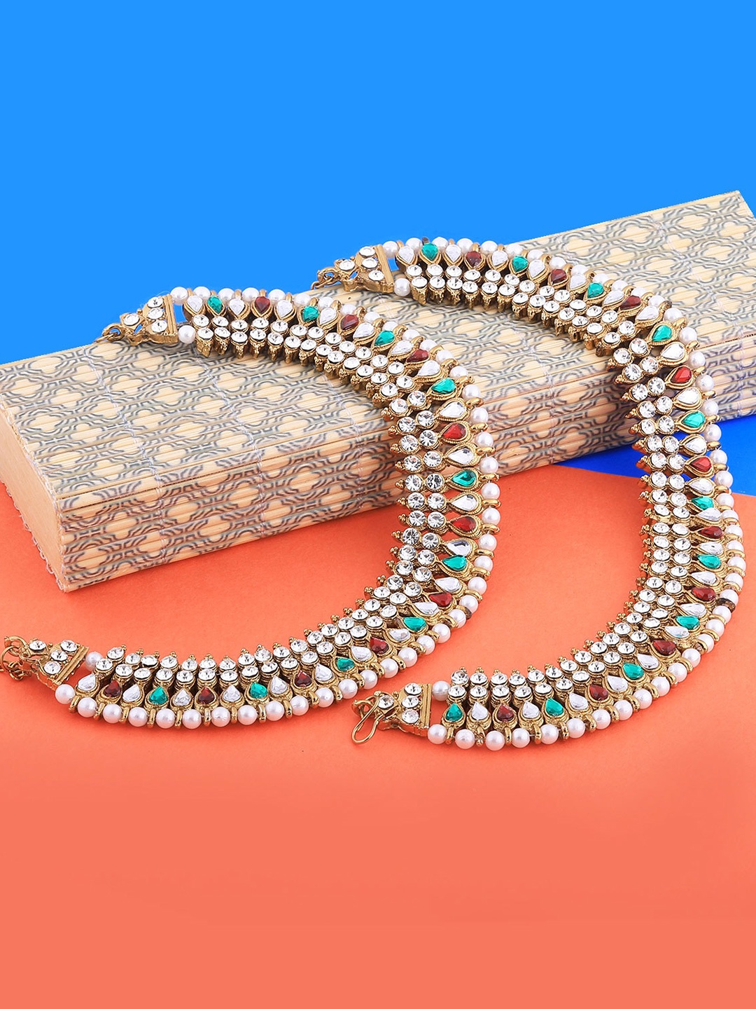

Silver Shine Set Of 2 Gold-Plated Stone Studded & Beaded Anklets, Red