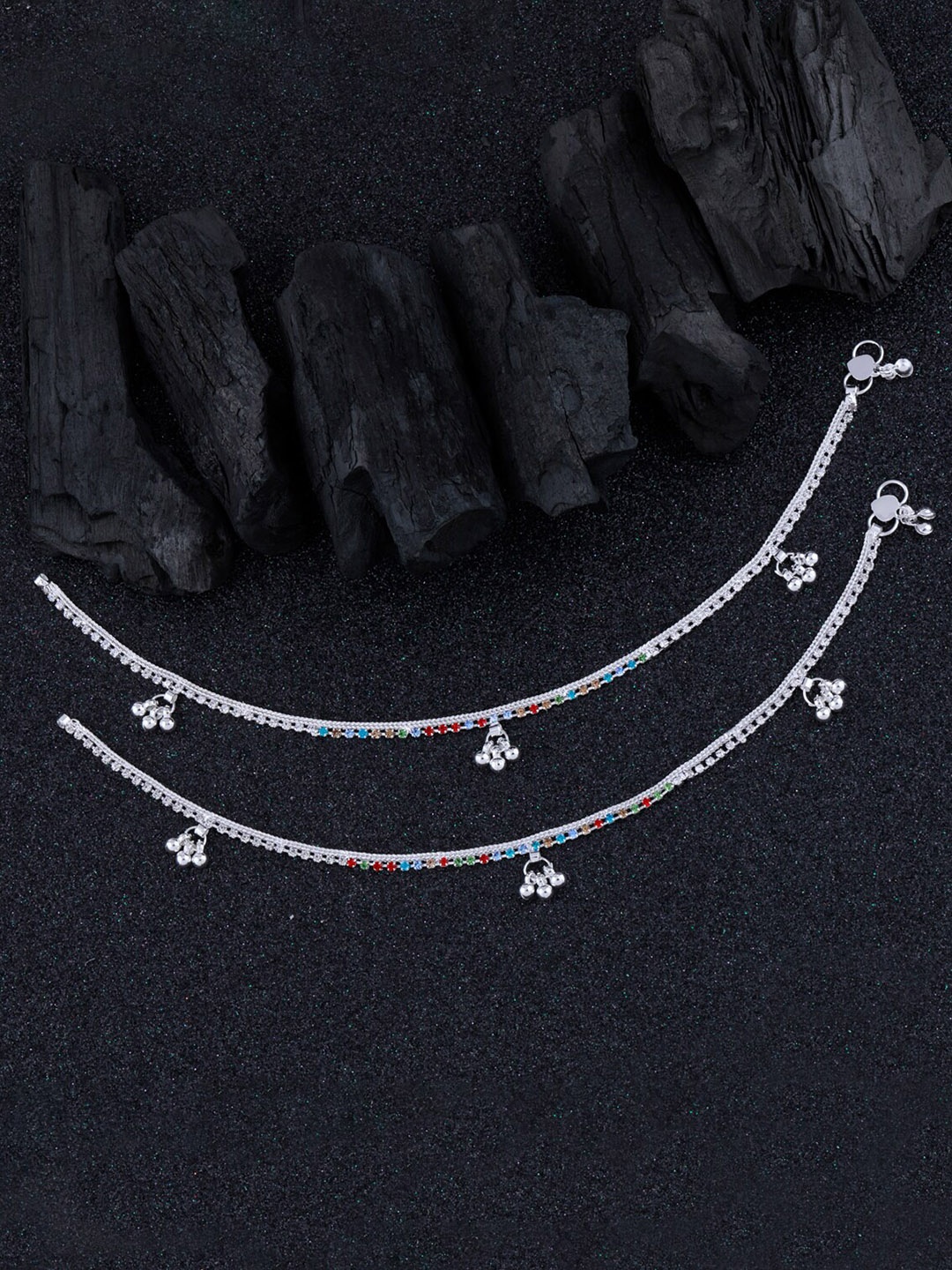 

Silver Shine Set Of 2 Silver-Plated AD-Studded & Ghungroo Anklets, Red