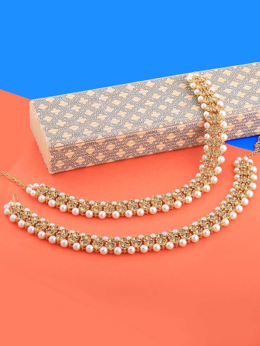 

Silver Shine Set Of 2 Gold-Plated Kundan Studded & Beaded Anklets