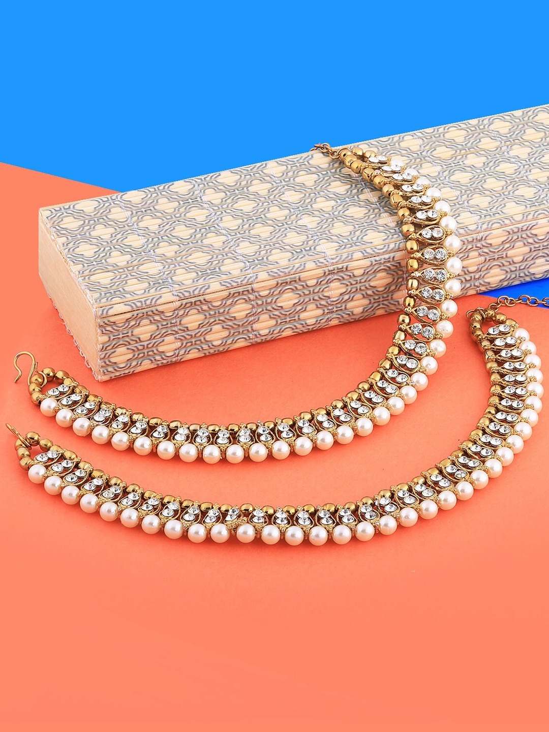 

Silver Shine Set Of 2 Gold-Plated Kundan Studded & Beaded Anklets