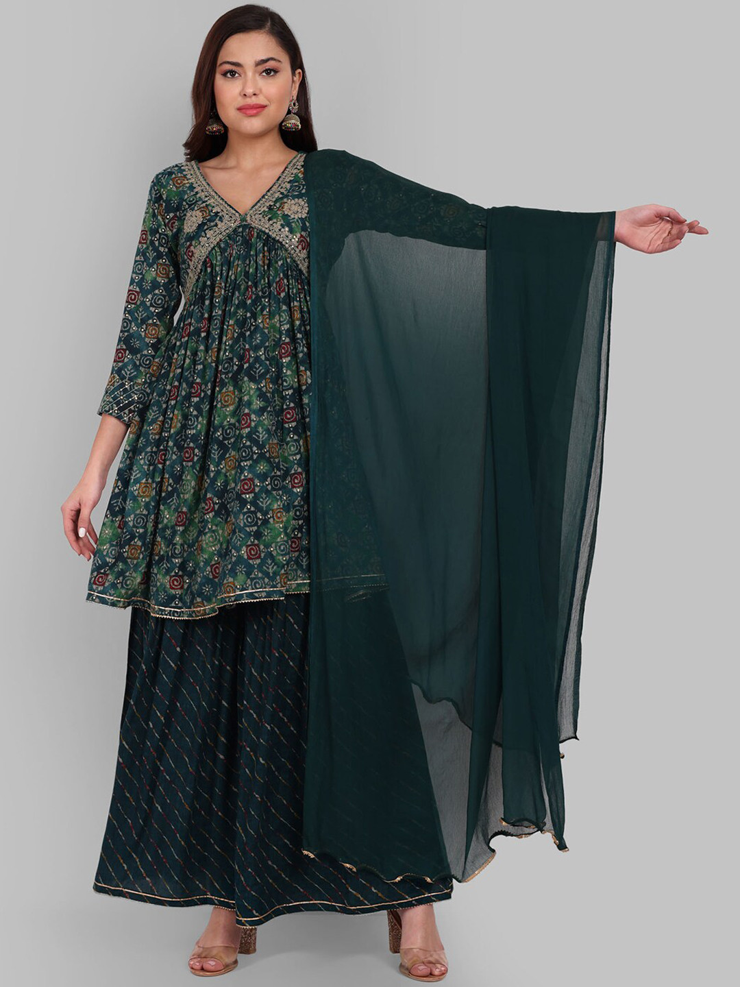 

Pakiza Ethnic Motif Printed V Neck Sequinned Empire Kurti With Sharara & Dupatta, Green