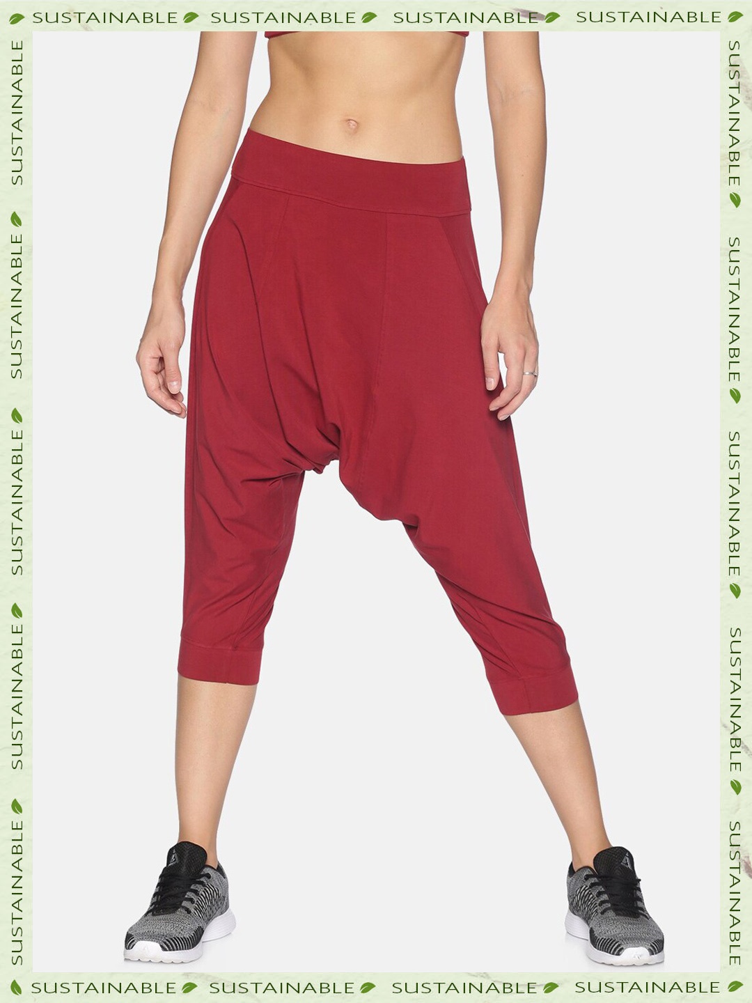 

HERE&NOW Women Loose Fit Mid-Rise Drop Crotch Trousers, Red