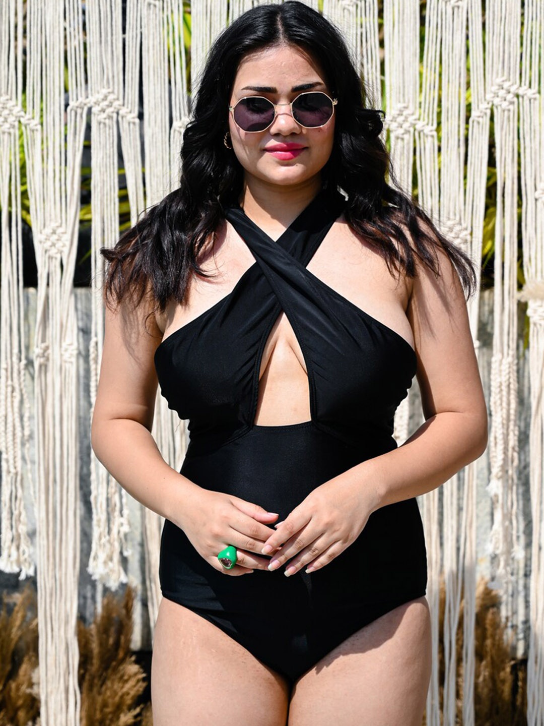 

FancyPants Halter Neck Nylon Cut Out Swimwear Bodysuit, Black