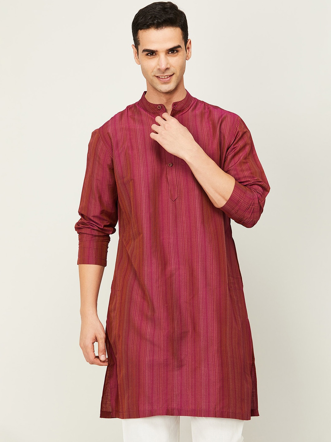 

Melange by Lifestyle Striped Mandarin Collar Cotton Straight Kurta, Maroon