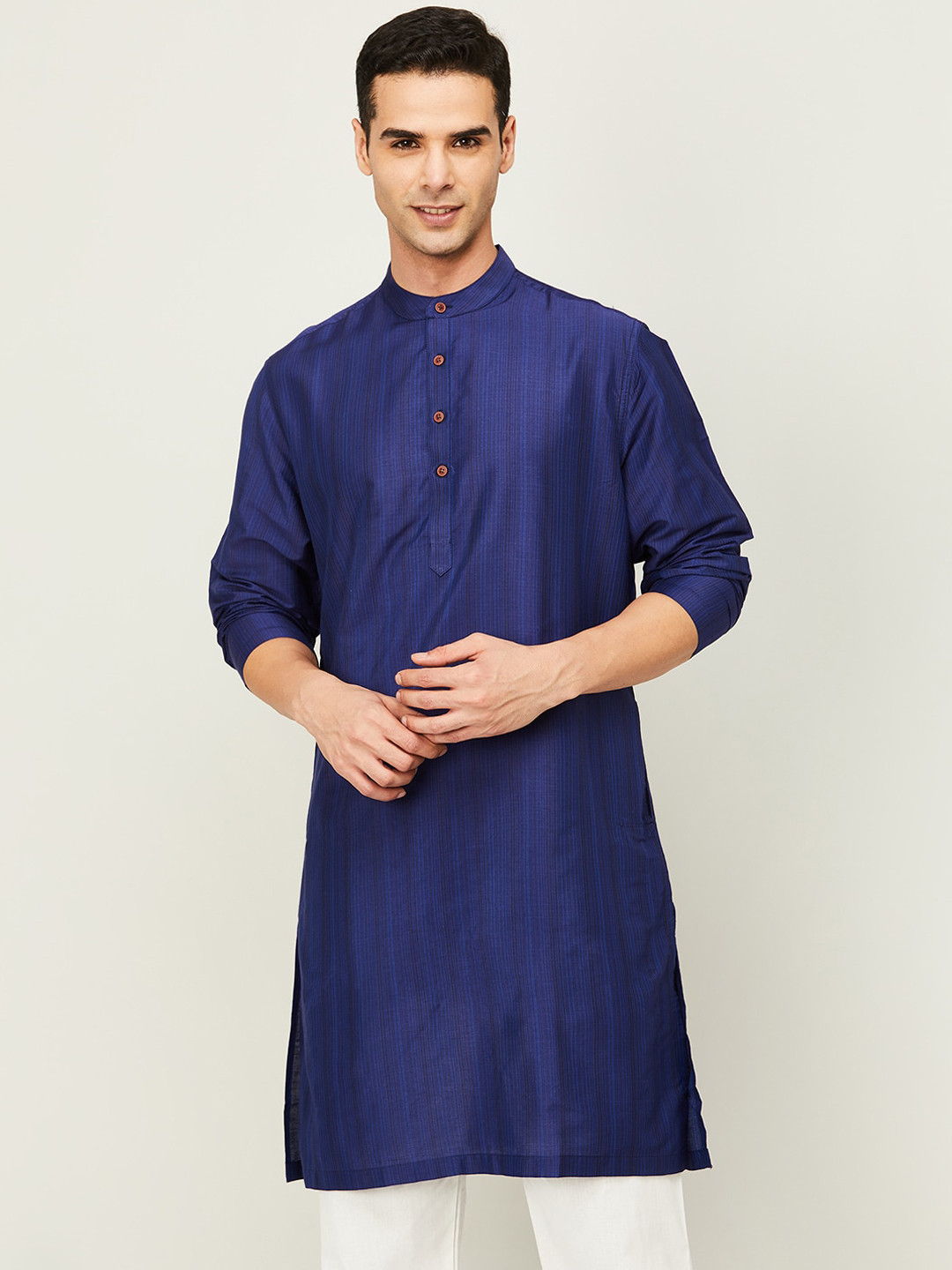 

Melange by Lifestyle Striped Mandarin Collar Cotton Straight Kurta, Navy blue