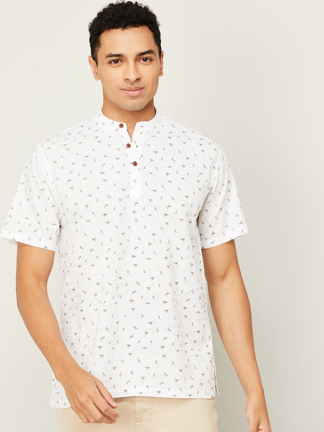 

Melange by Lifestyle Floral Printed Band Collar Pure Cotton Kurta, White