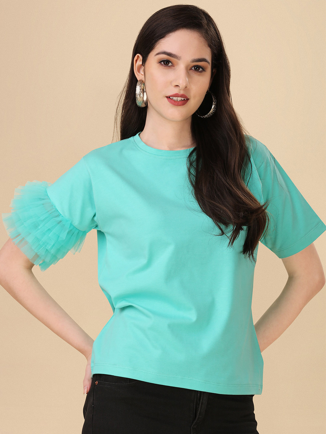 

Urban Luxe Ruffled Sleeve Cotton T-shirt, Sea green