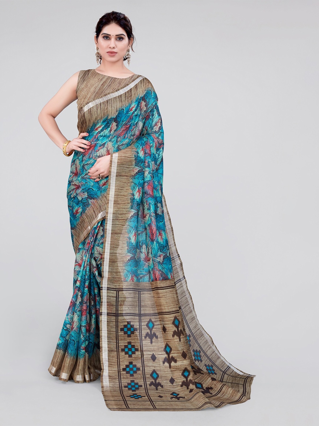 

MIRCHI FASHION Floral Printed Zari Saree, Turquoise blue