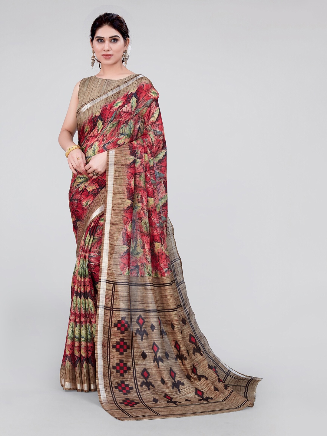 

MIRCHI FASHION Floral Printed Zari Saree, Red