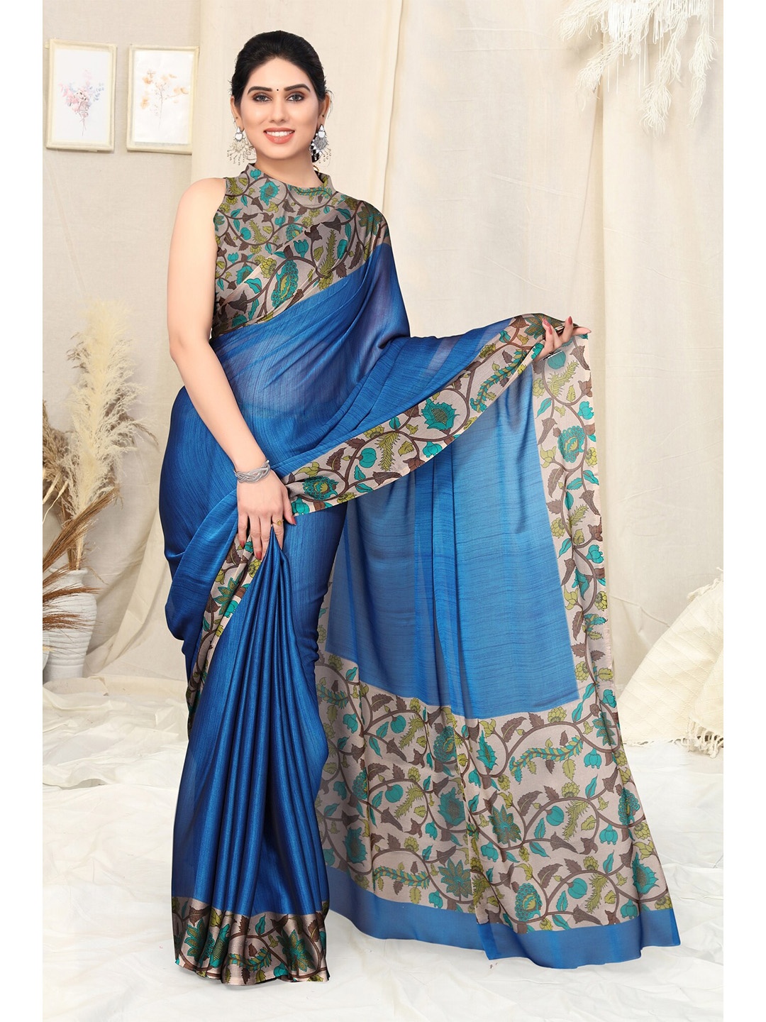 

MIRCHI FASHION Poly Chiffon Saree With Printed Blouse, Blue