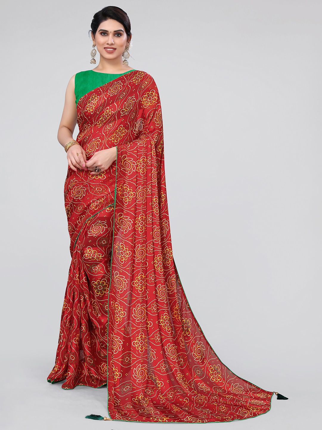 

MIRCHI FASHION Printed Bandhani Saree, Red