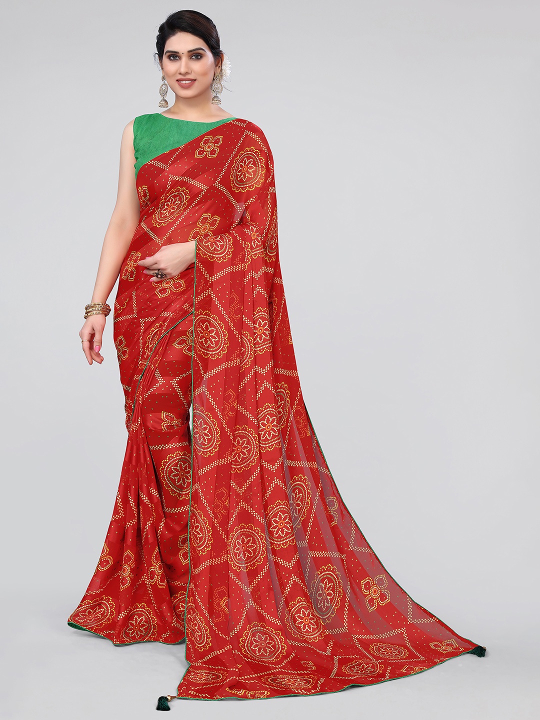 

MIRCHI FASHION Floral Printed Bandhani Saree, Red