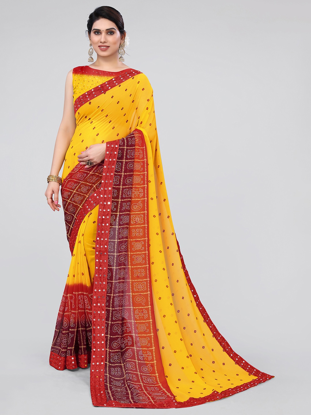 

MIRCHI FASHION Bandhani Printed Sequin Saree, Yellow