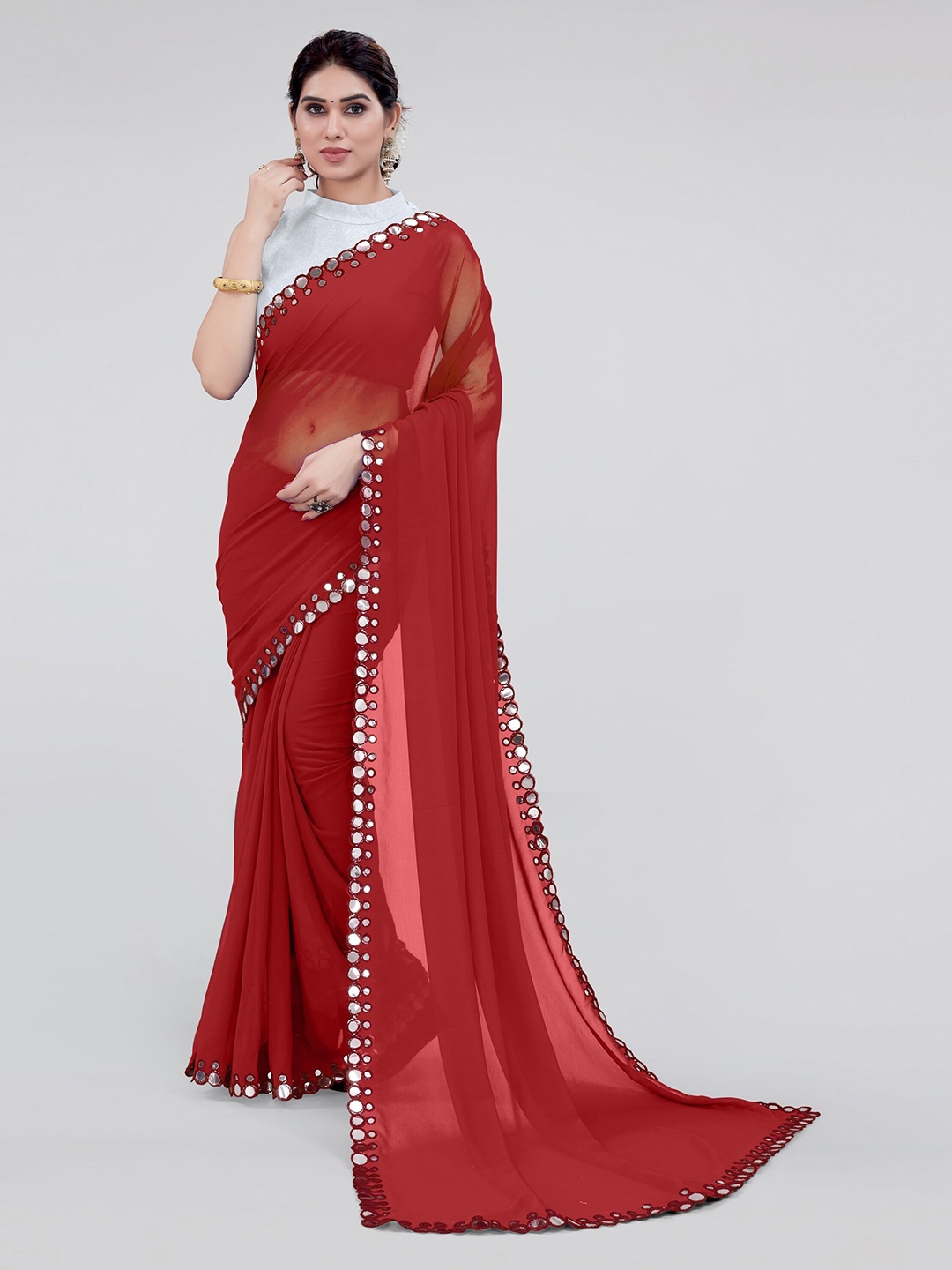 

MIRCHI FASHION Mirror Work Embellished Saree, Maroon