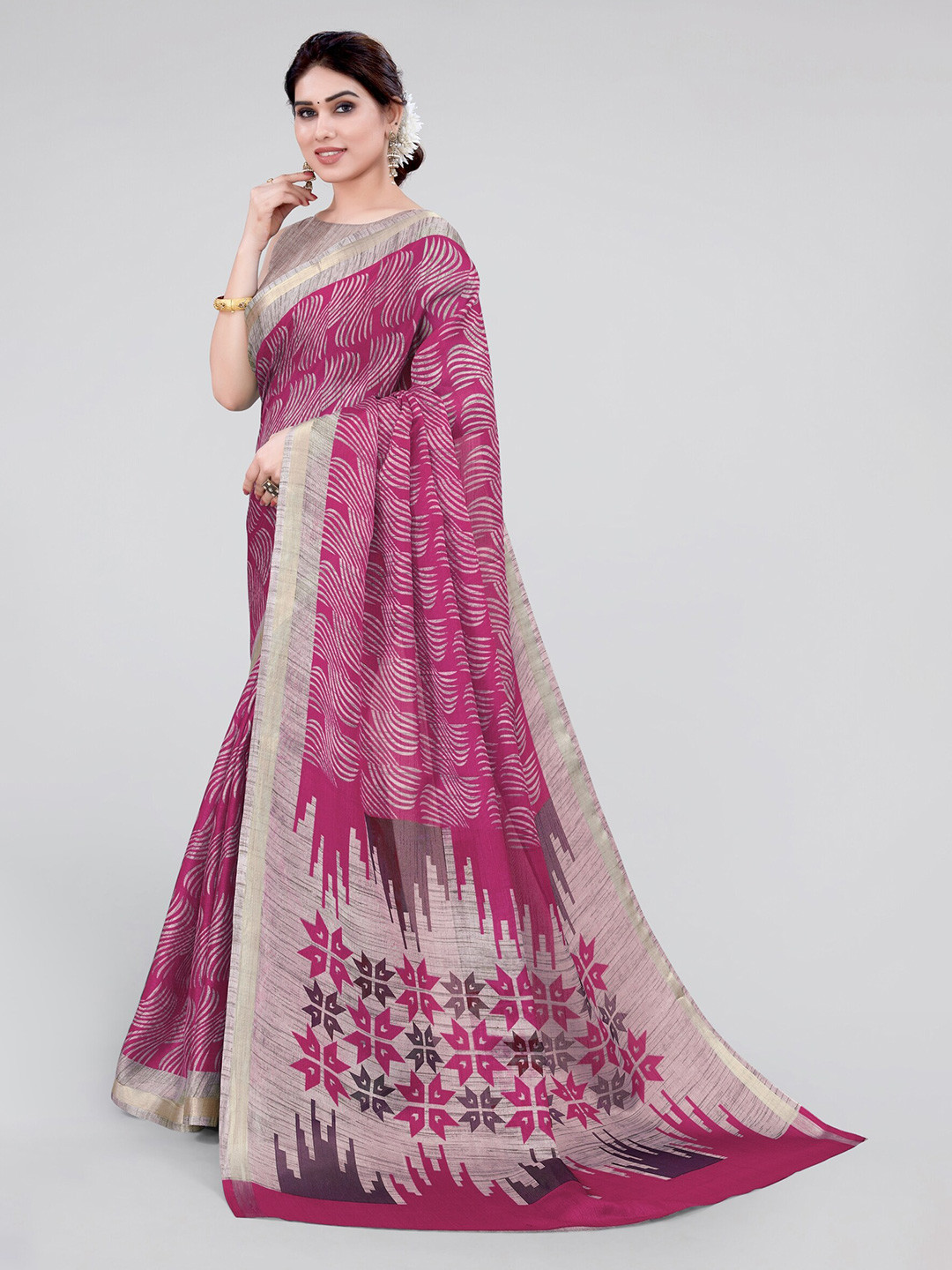 

MIRCHI FASHION Abstract Printed Zari Saree, Pink