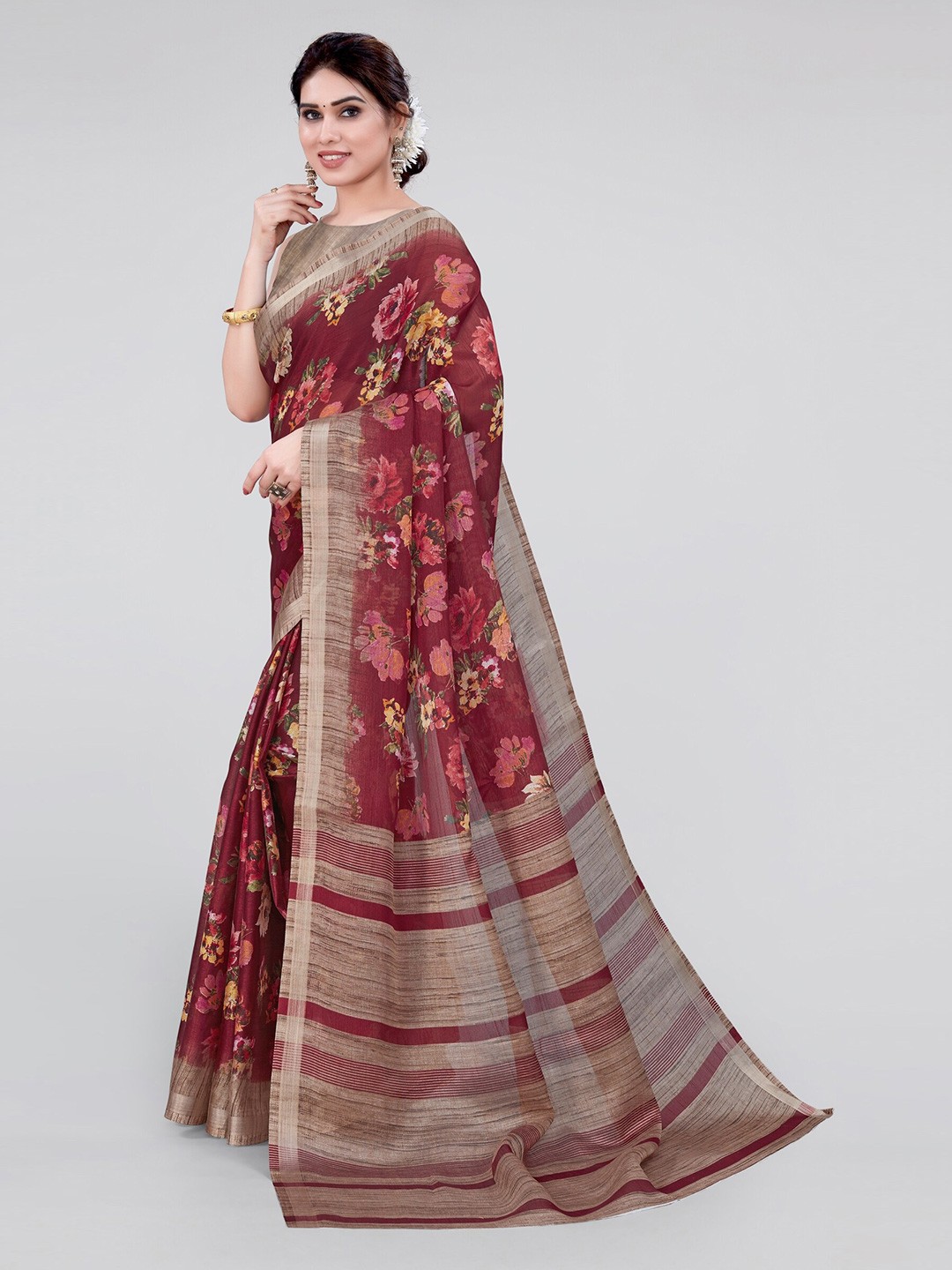 

MIRCHI FASHION Floral Printed Cotton Blend Saree, Maroon