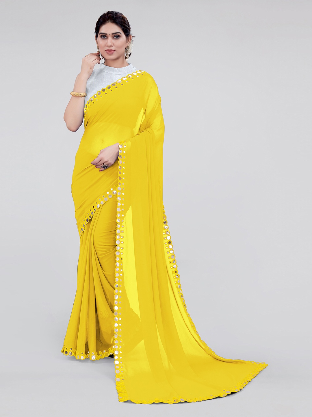MIRCHI FASHION Mirror Work Embellished Saree, Yellow