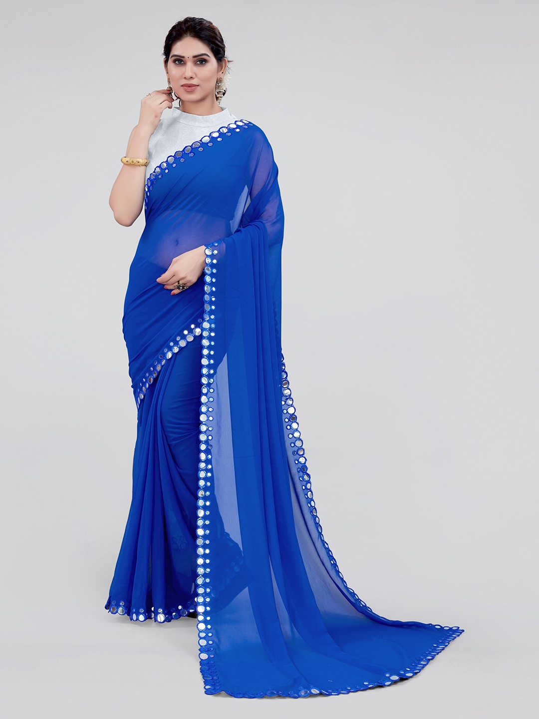 

MIRCHI FASHION Mirror Work Poly Georgette Saree, Blue