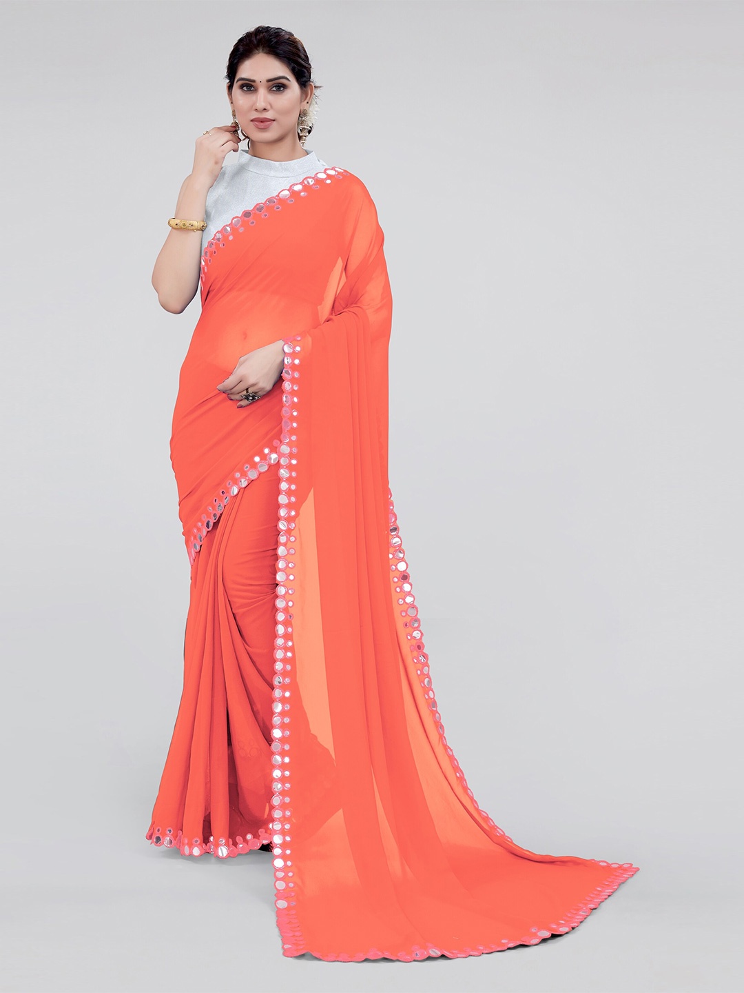 

MIRCHI FASHION Mirror Embellished Saree, Coral