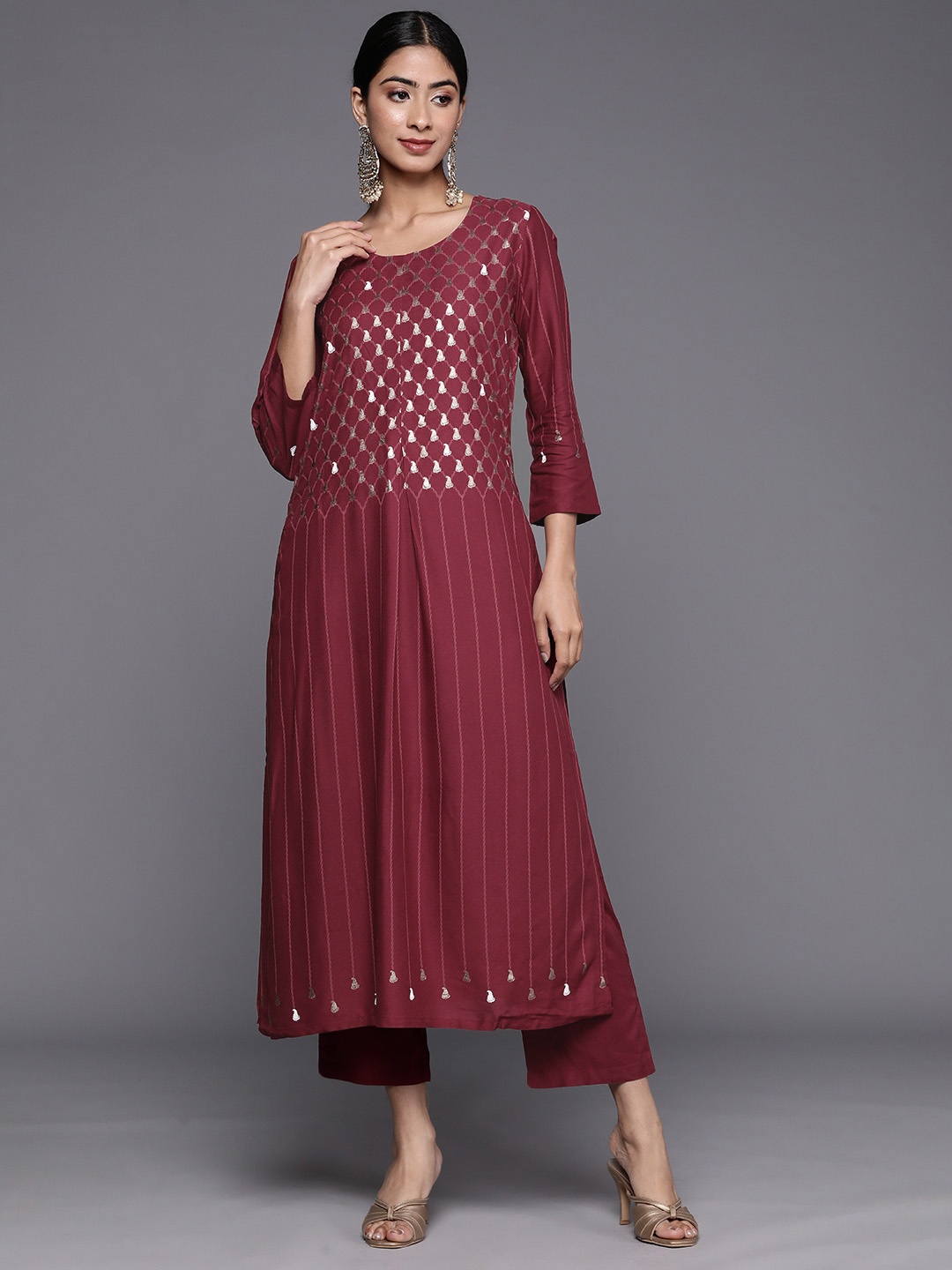 

Biba Paisley Printed Pleated Design A-line Kurta with Trousers, Maroon