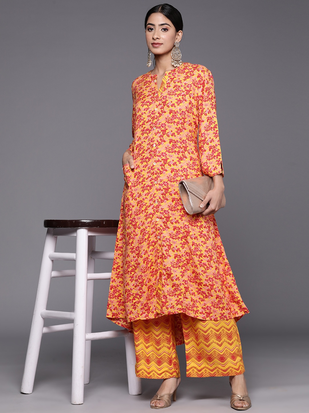 

Biba Floral Printed A-Line Kurta with Palazzos, Yellow