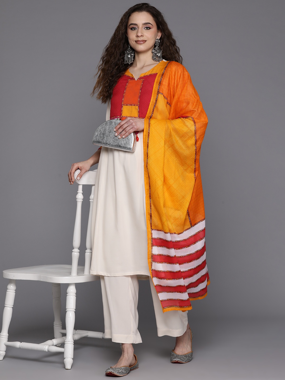 

Biba Yoke Design Pleated Kurta with Palazzos & Dupatta, White