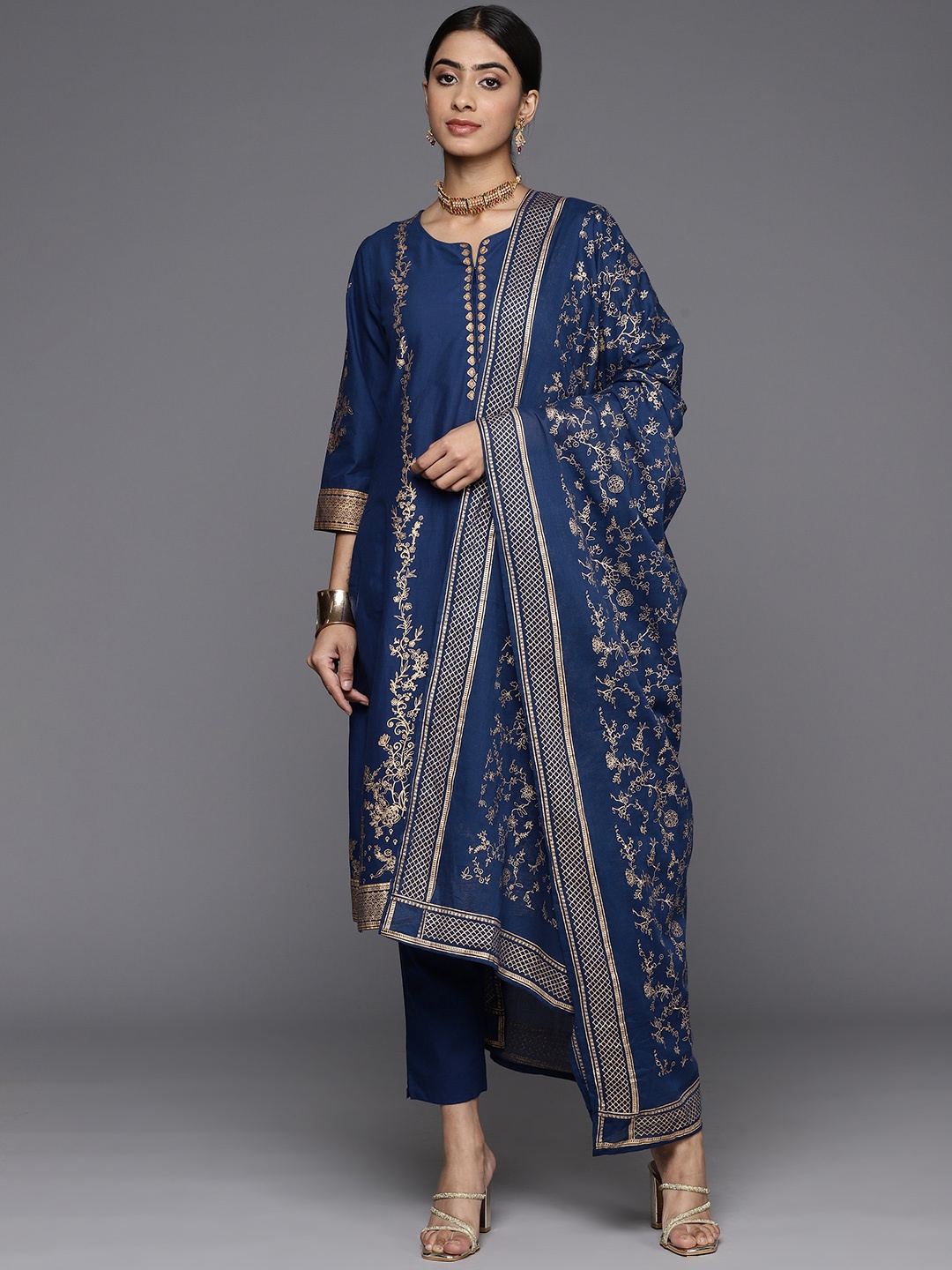 

Biba Foil Print Pure Cotton Kurta with Trousers & Dupatta, Navy blue