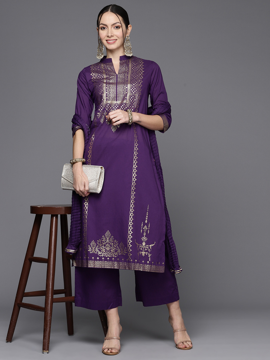 

Biba Women Ethnic Motifs Printed Pure Cotton Kurta with Palazzos & Dupatta, Purple