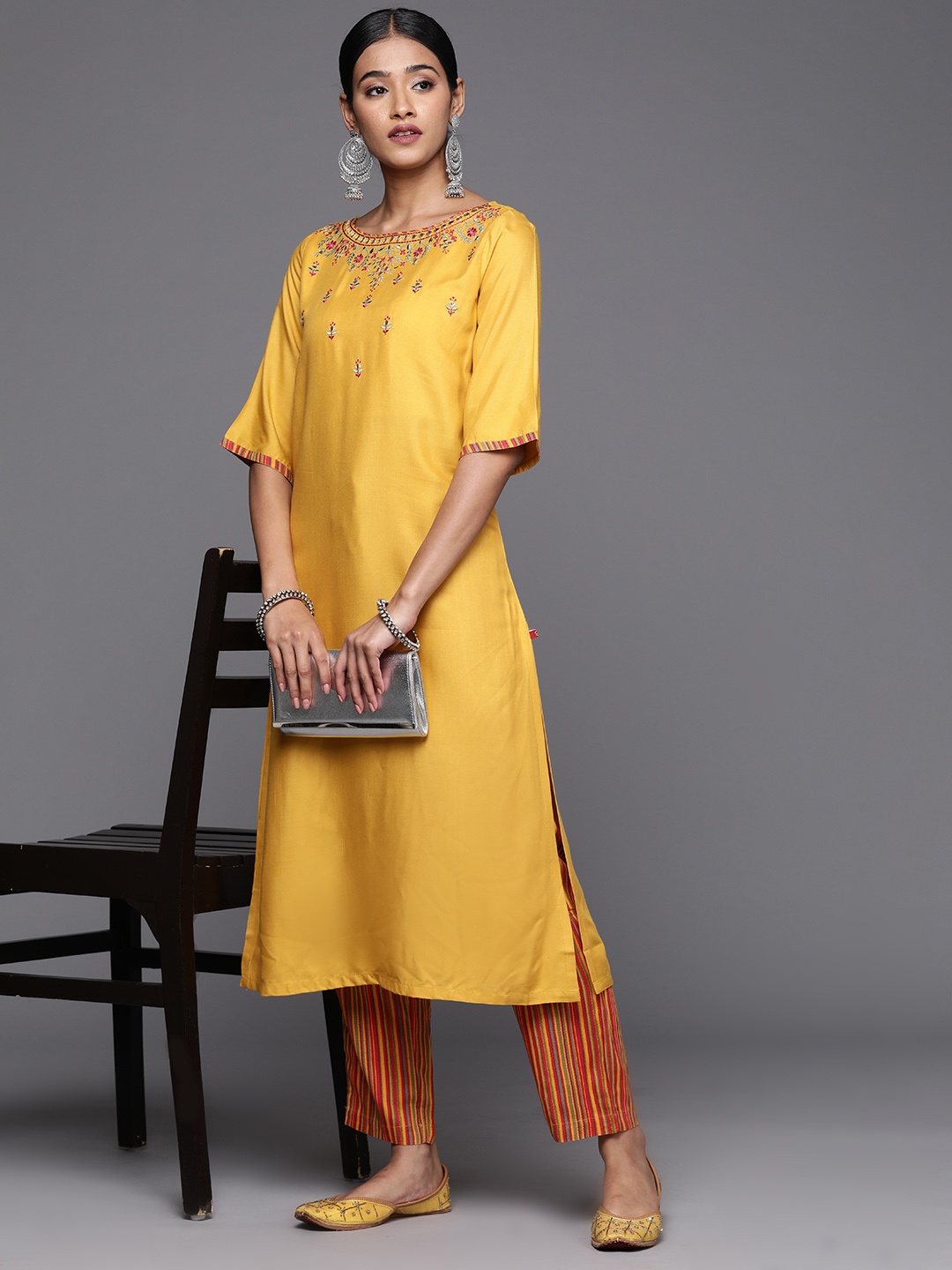 

Biba Women Ethnic Motifs Embroidered Regular Mirror Work Kurta Set, Mustard