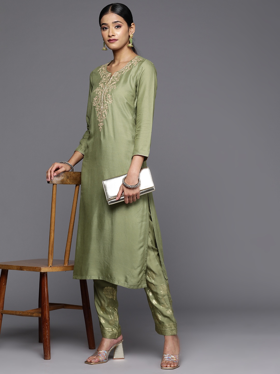 

Biba Women Yoke Design Kurta with Trousers, Green