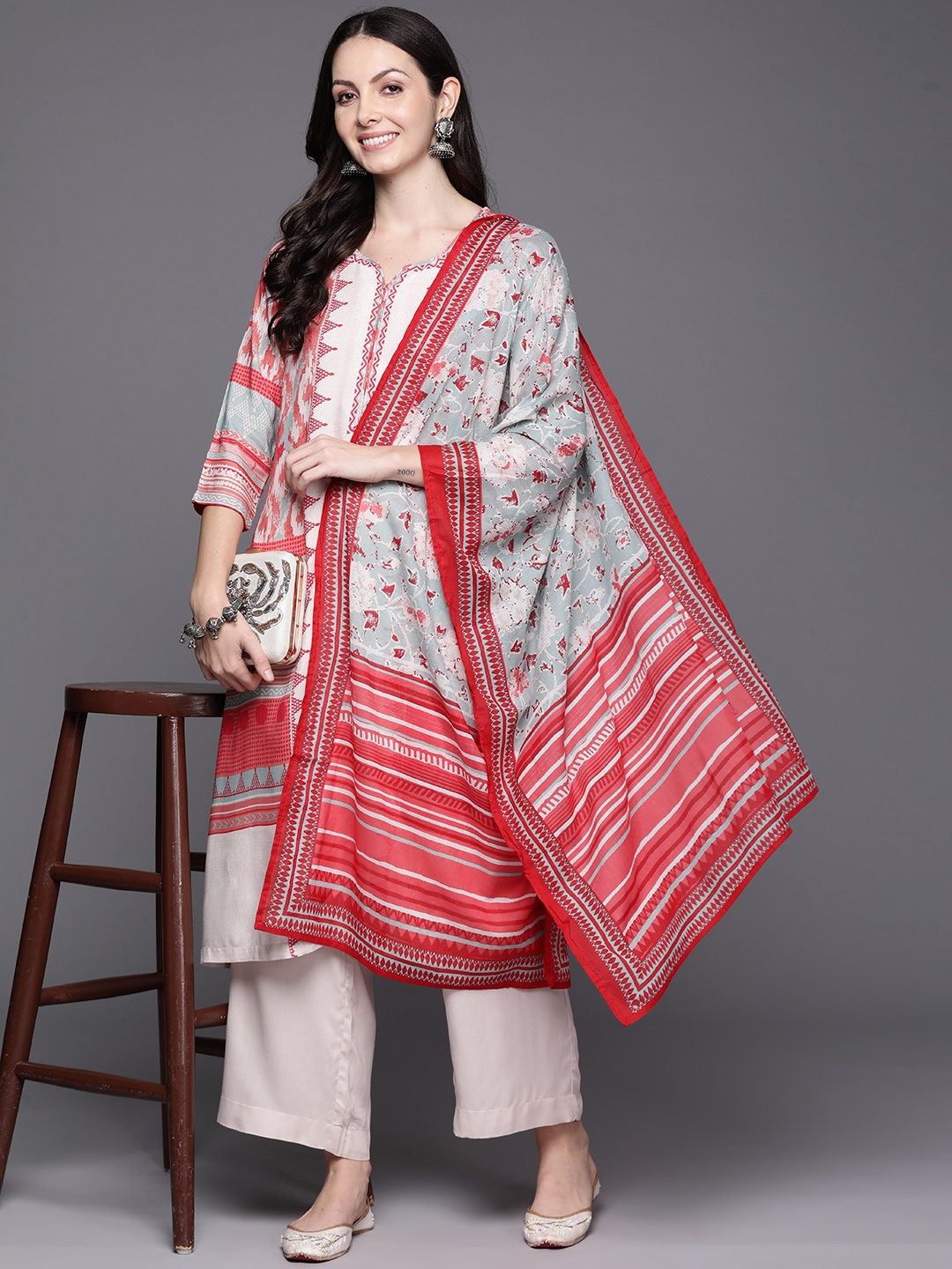 

Biba Women Printed Kurta with Palazzos & Dupatta, Off white