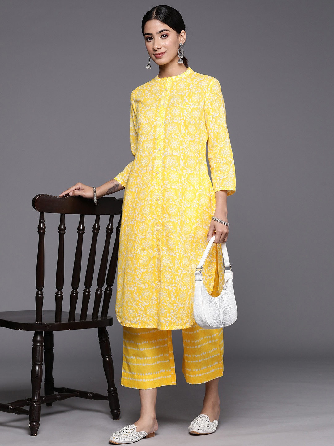 

Biba Pure Cotton Printed Straight Kurta With Palazzos, Yellow