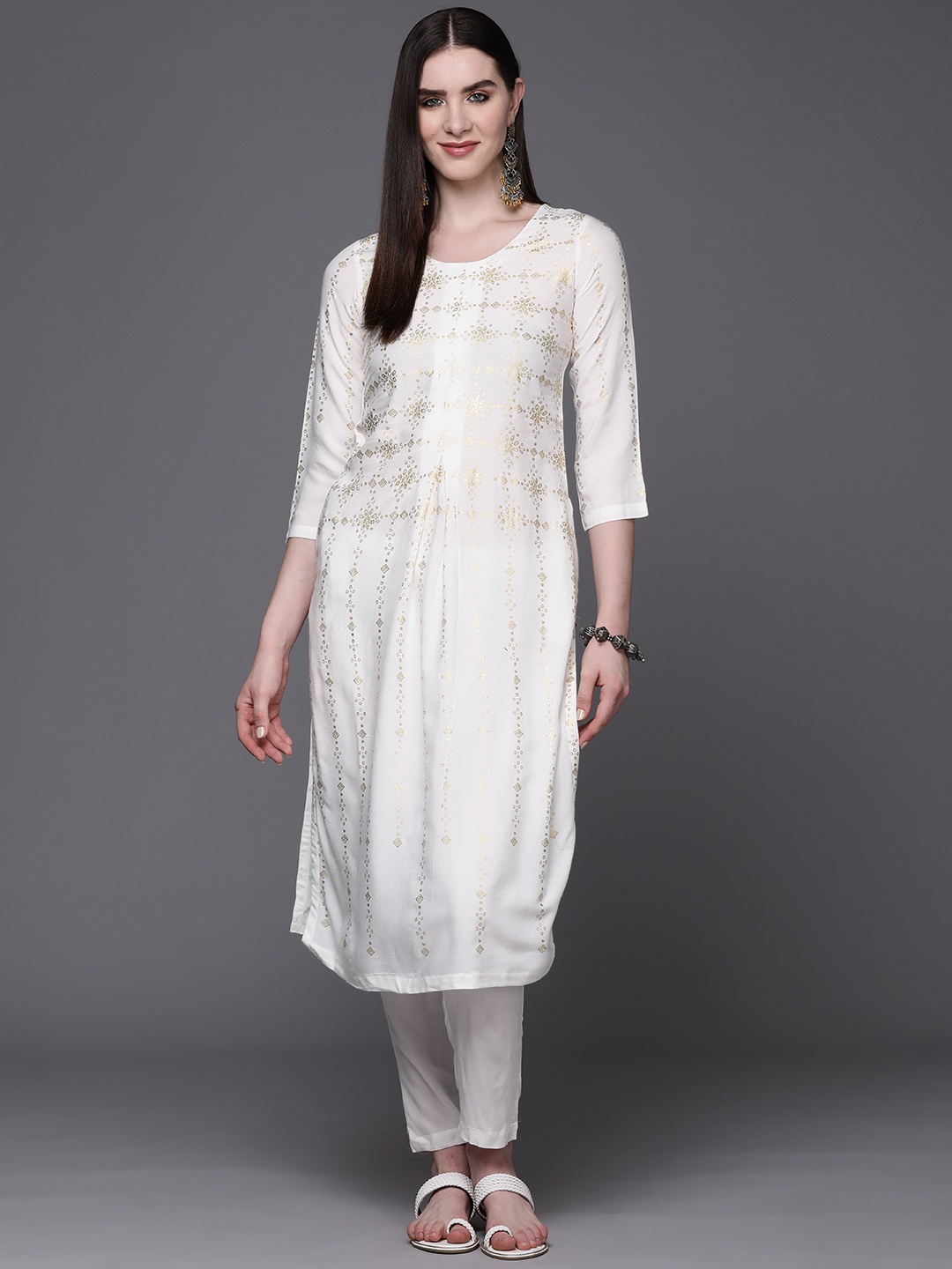 

Biba Women Foil Print Kurta with Trousers, White