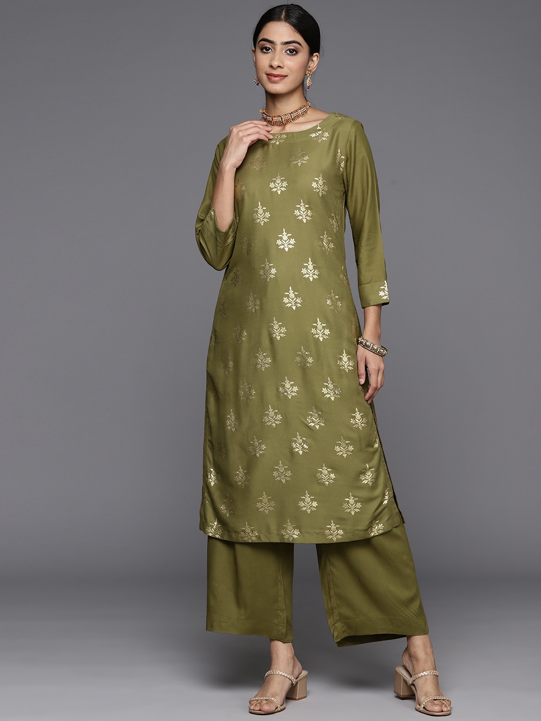 

Biba Foil Print Kurta with Palazzos, Olive