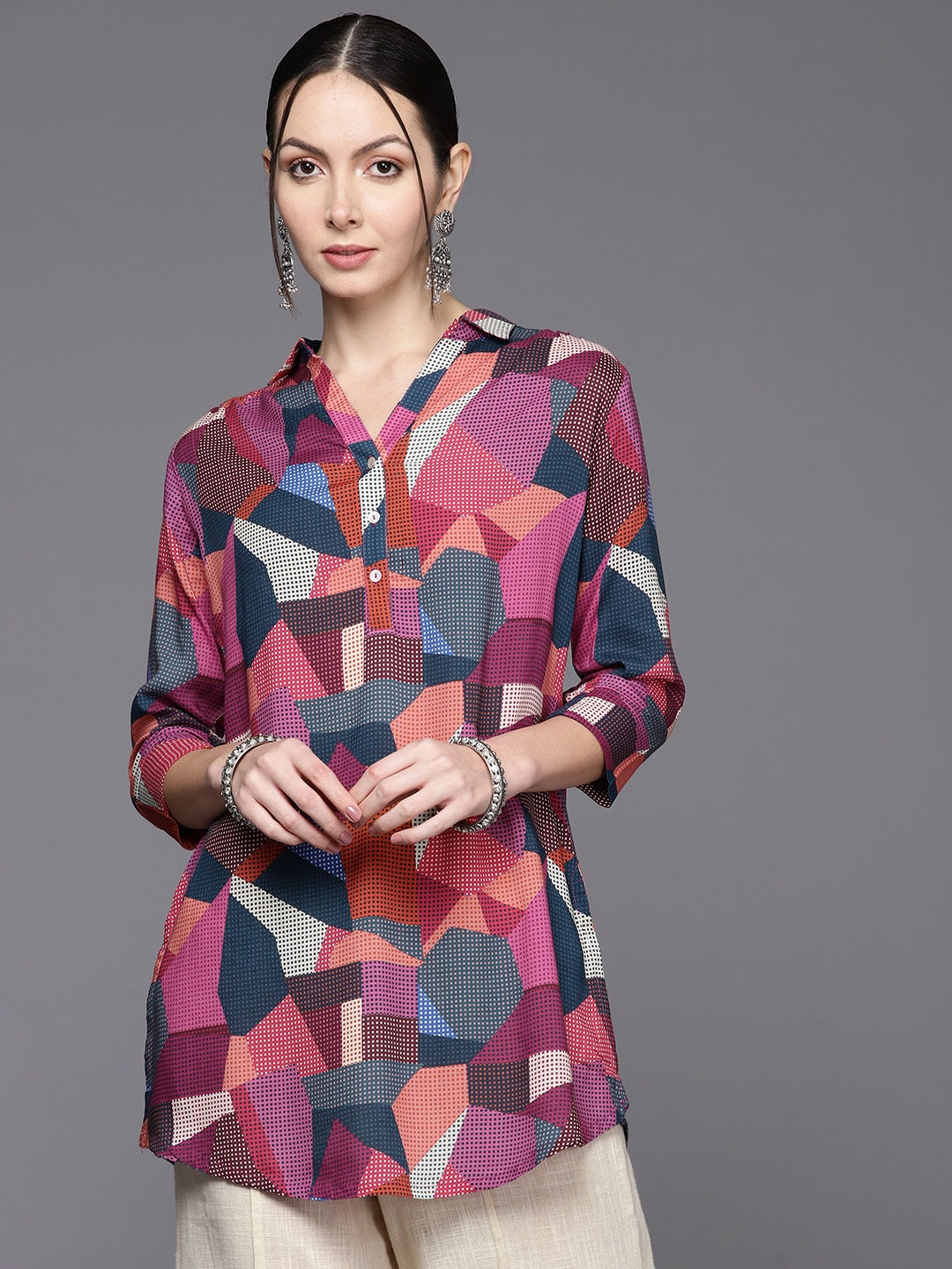 

Biba Shirt Collar Printed Tunic, Multi