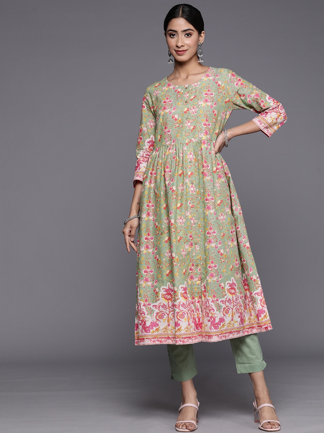 

Biba Floral Printed Pure Cotton Anarkali Kurta with Trousers, Green