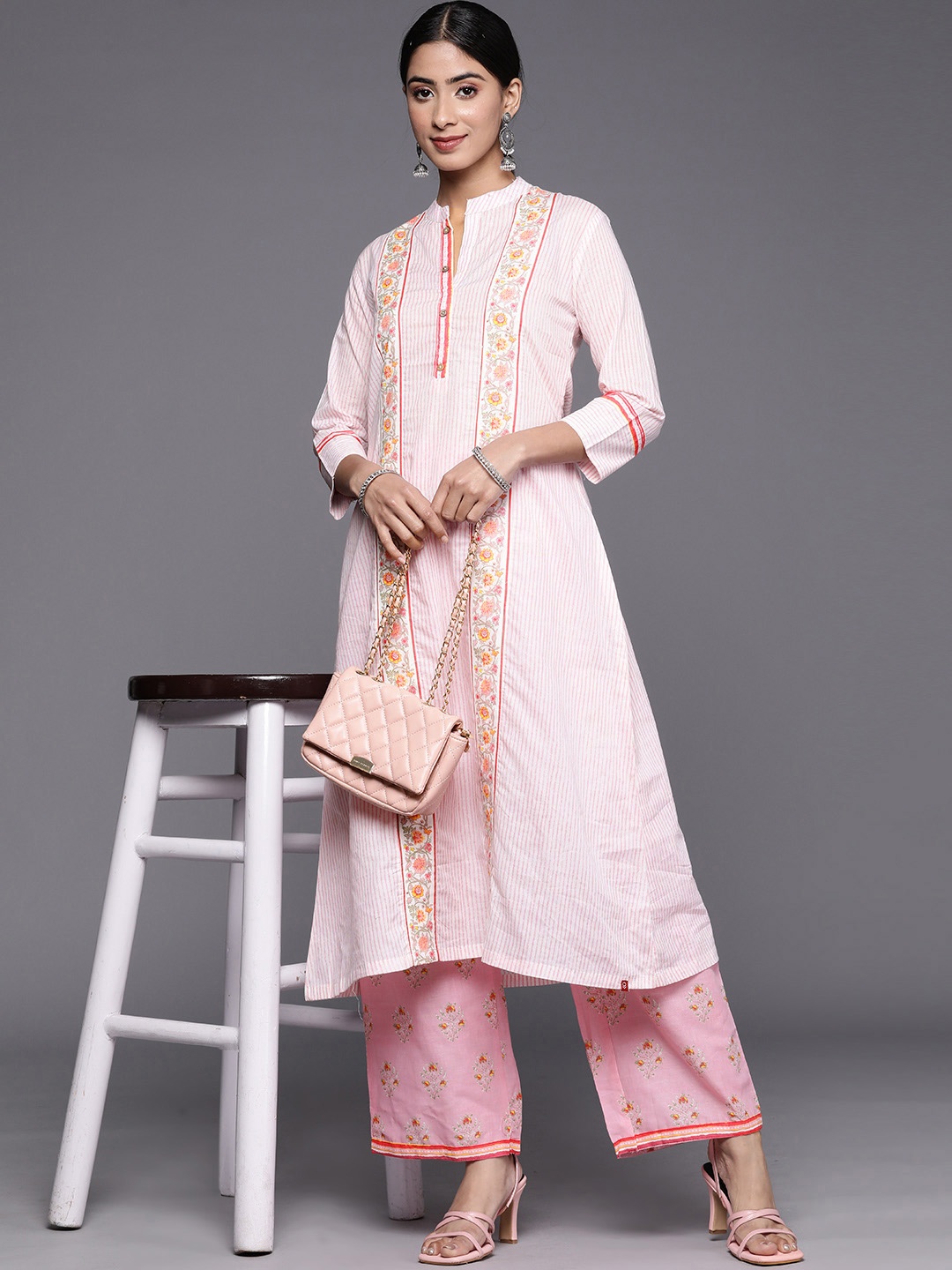 

Biba Striped Pure Cotton Kurta with Trousers, Pink