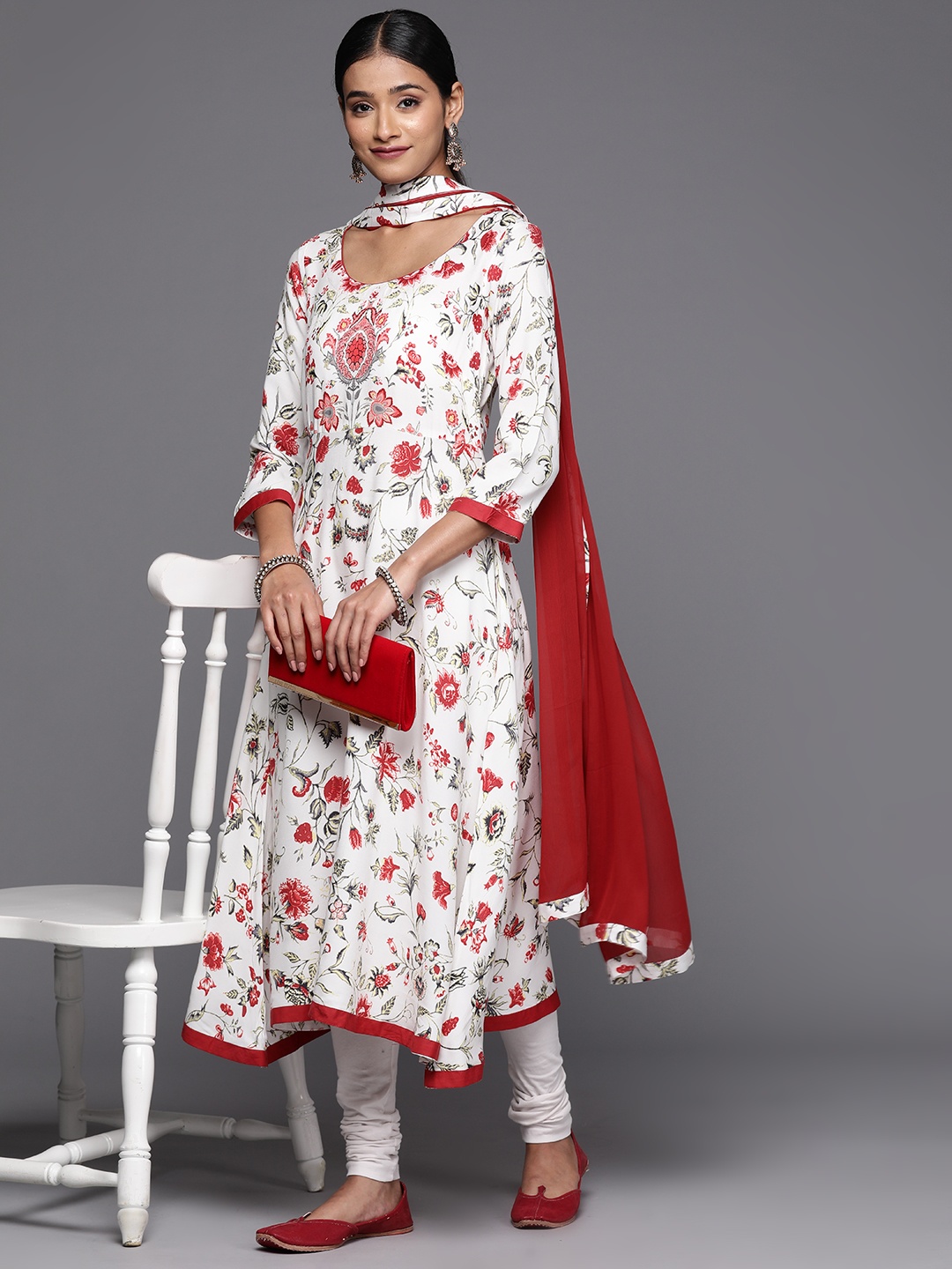 

Biba Women Floral Print Kurta with Churidar & Dupatta, Off white