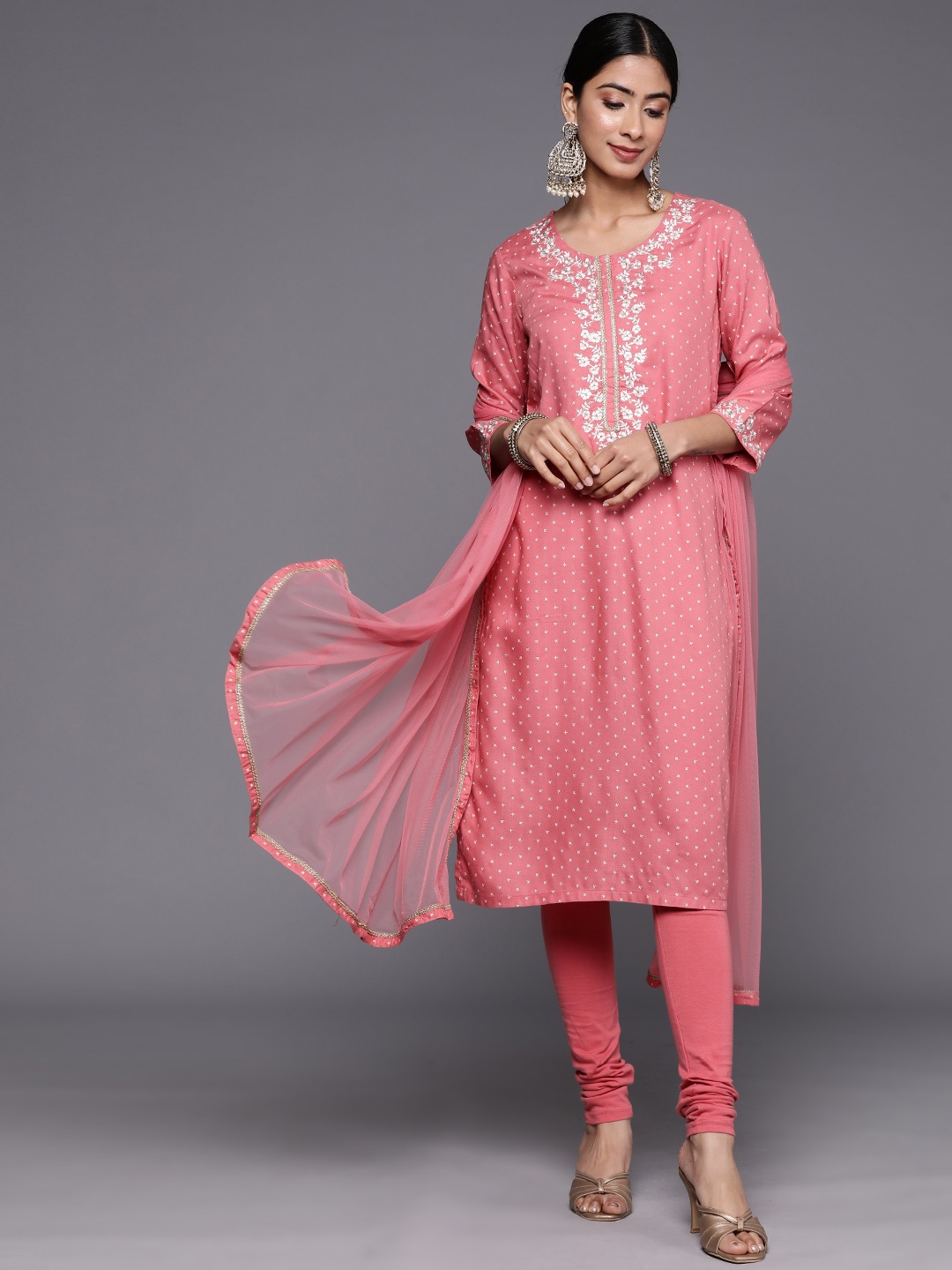 

Biba Thread Embroidered Straight Kurta with Churidar & Net Dupatta, Coral