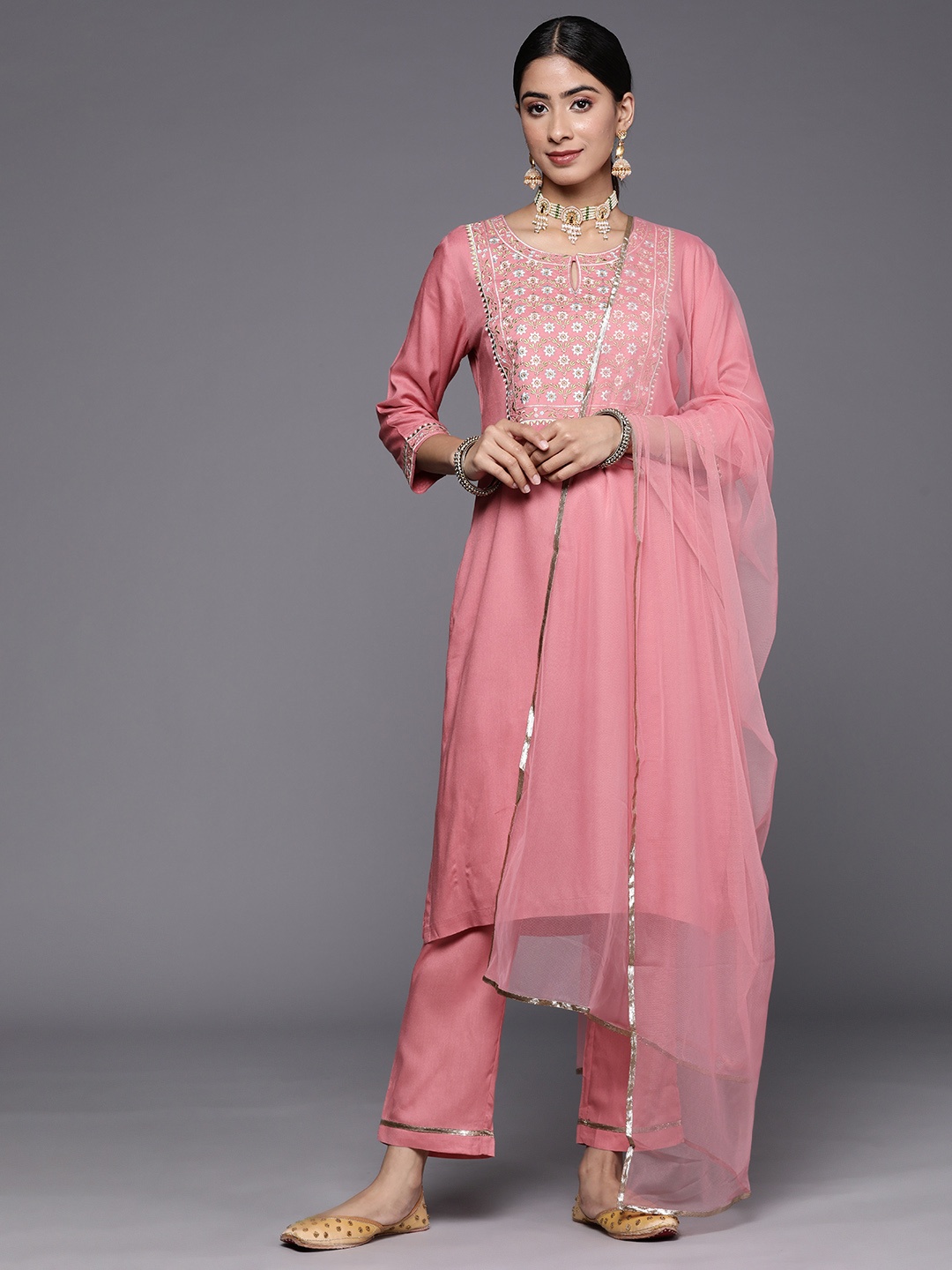 

Biba Embroidered Yoke design Straight Kurta with Trousers & Net Dupatta, Pink
