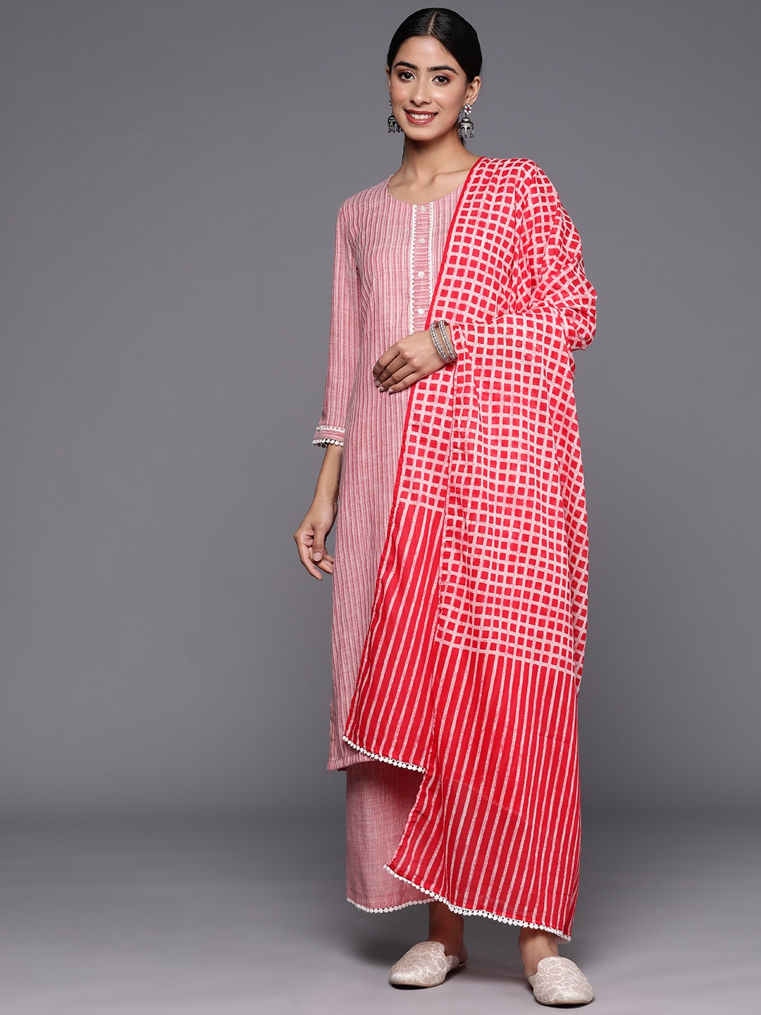 

Biba Self-Striped Striped Kurta with Palazzos & Dupatta, Red
