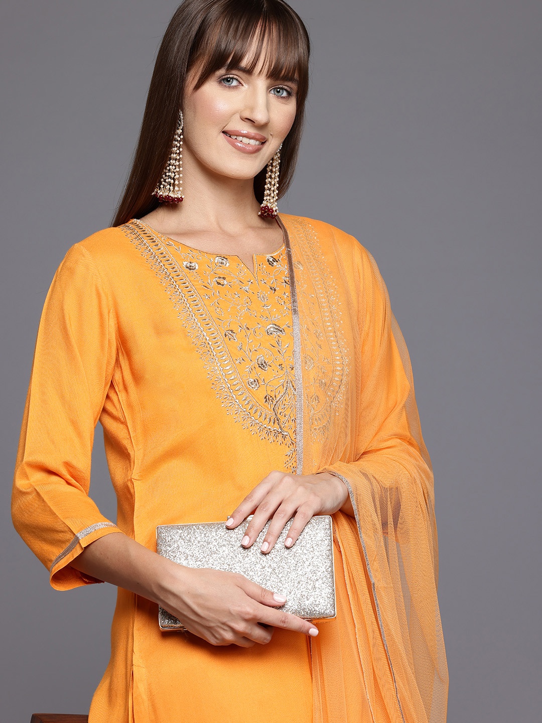 

Biba Floral Yoke Design Gotta Patti Straight Kurta with Trousers & Dupatta, Orange