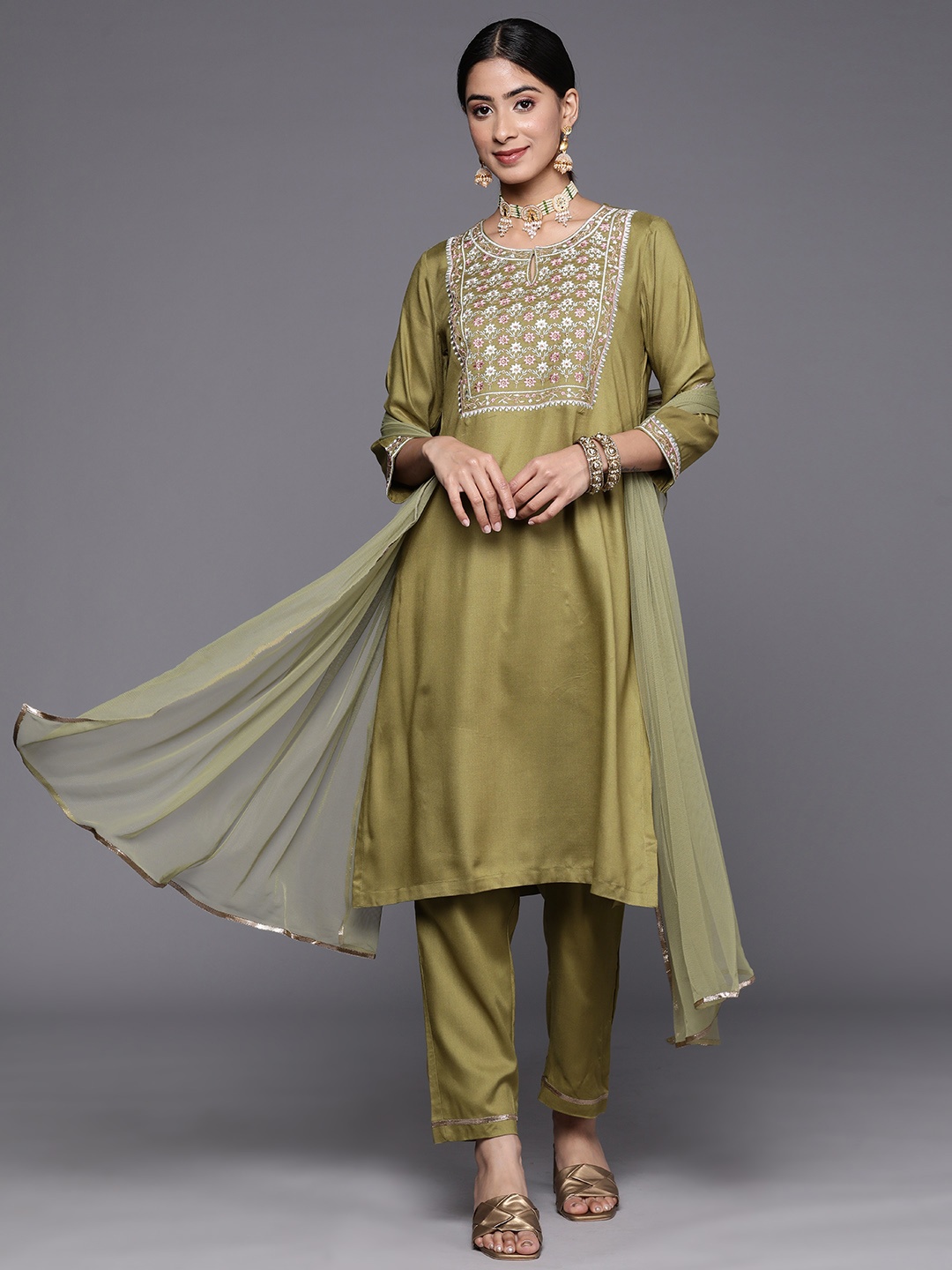 

Biba Embroidered Yoke design Straight Kurta with Trousers & Net Dupatta, Olive