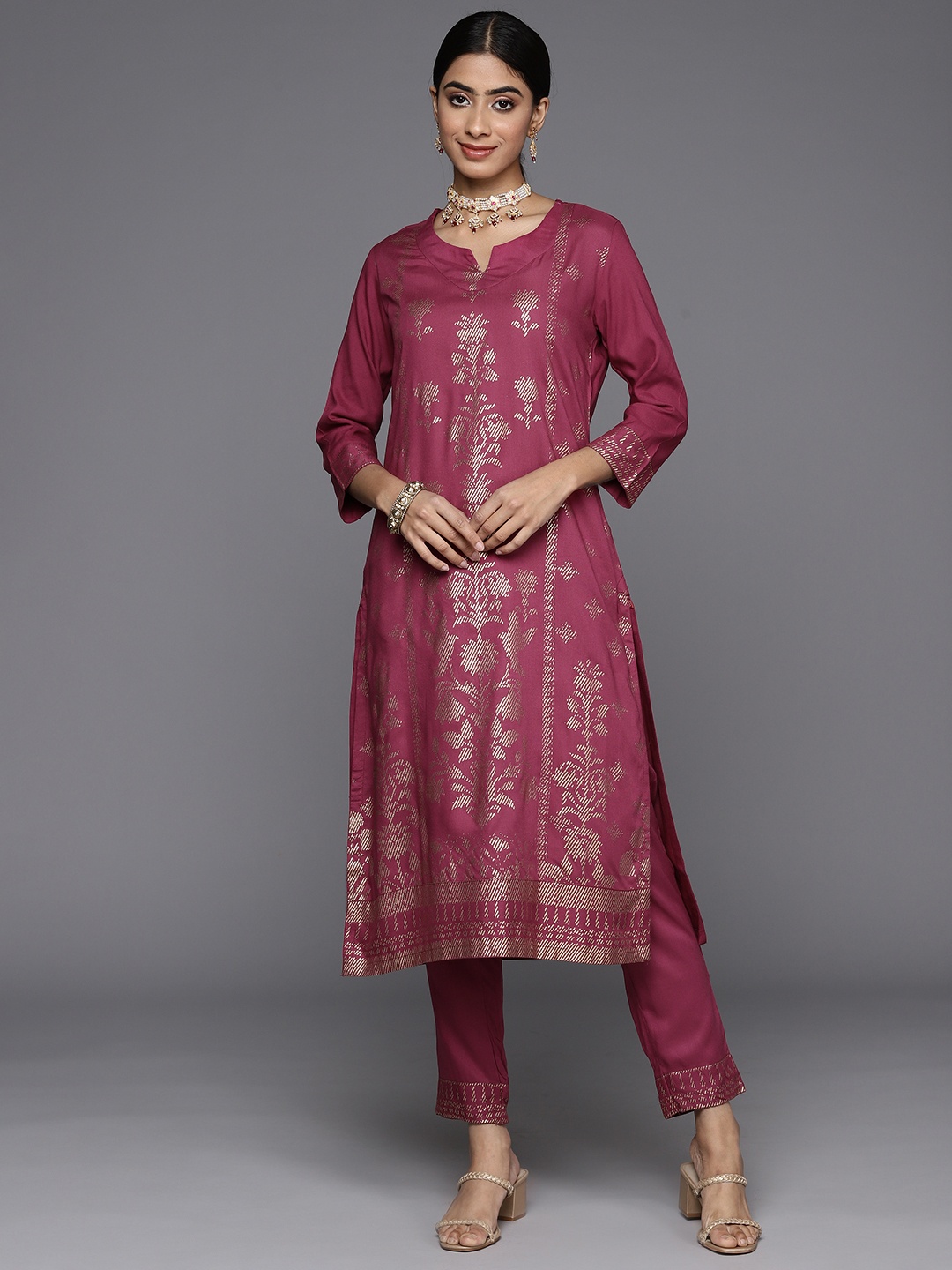 

Biba Women Foil Printed Regular Kurta with Trousers, Magenta