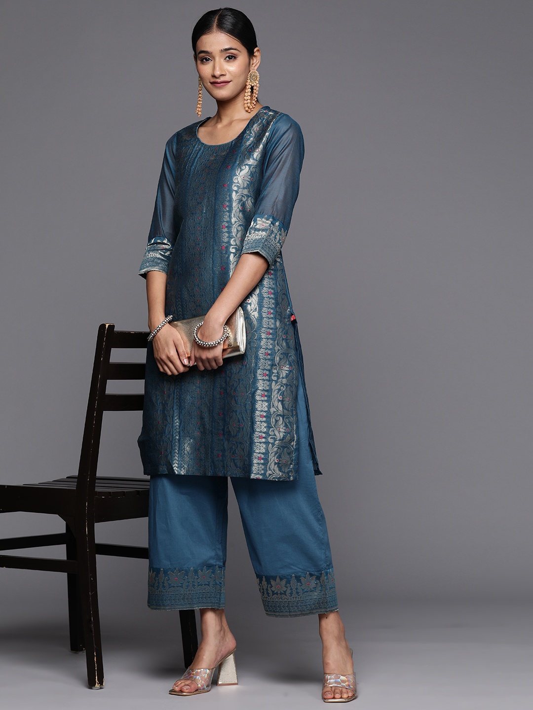 

Biba Women Woven Design Kurta with Palazzos, Teal