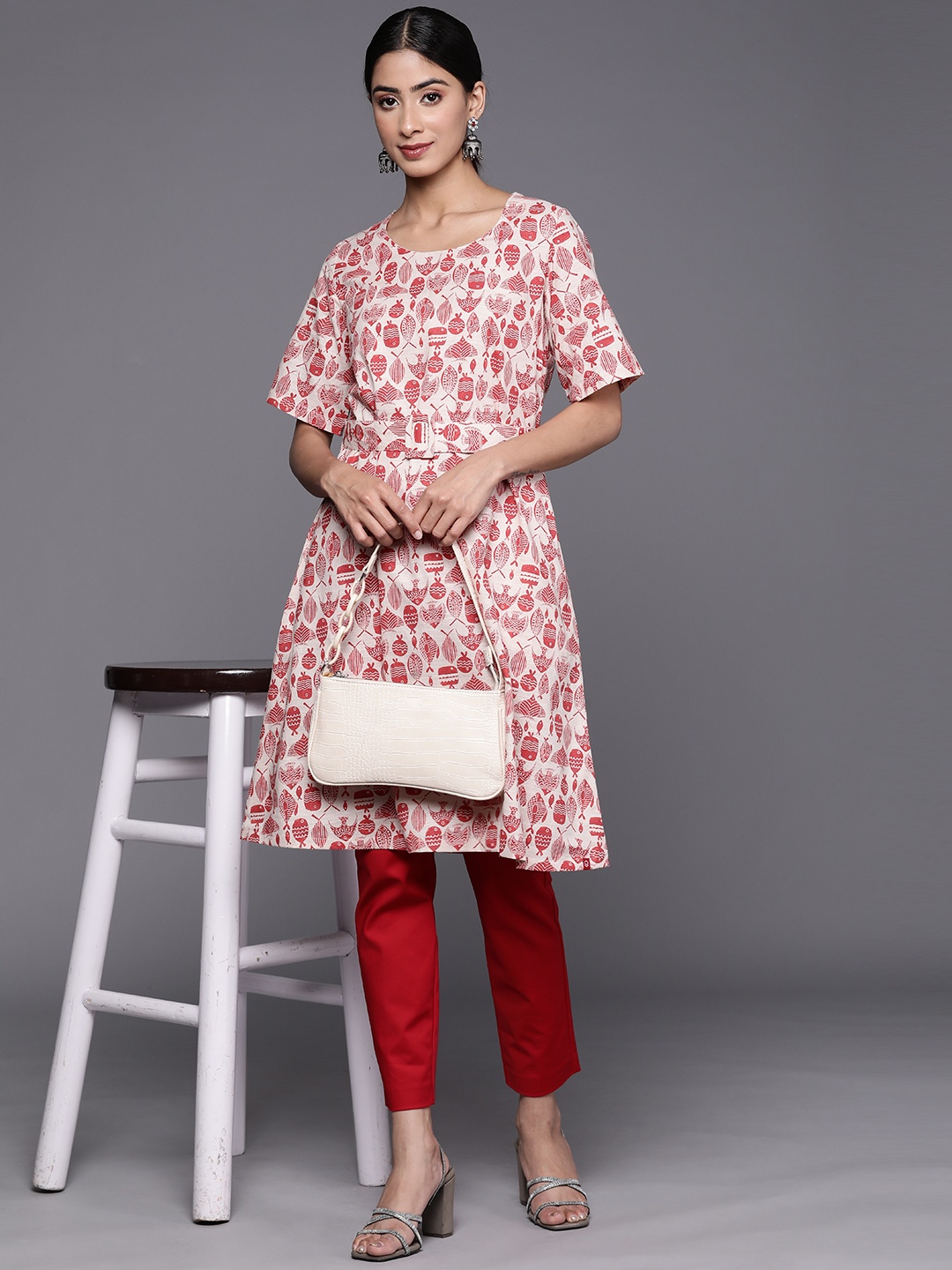

Biba Ethnic Motifs Printed Pure Cotton Kurta With Belt, Off white