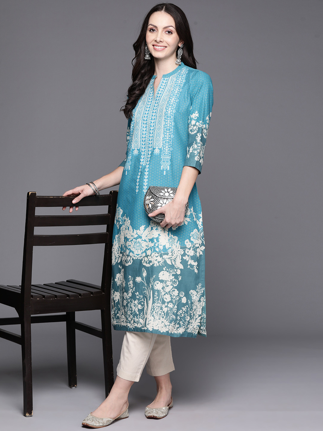 

Biba Cotton Floral Print Kurta, Blue