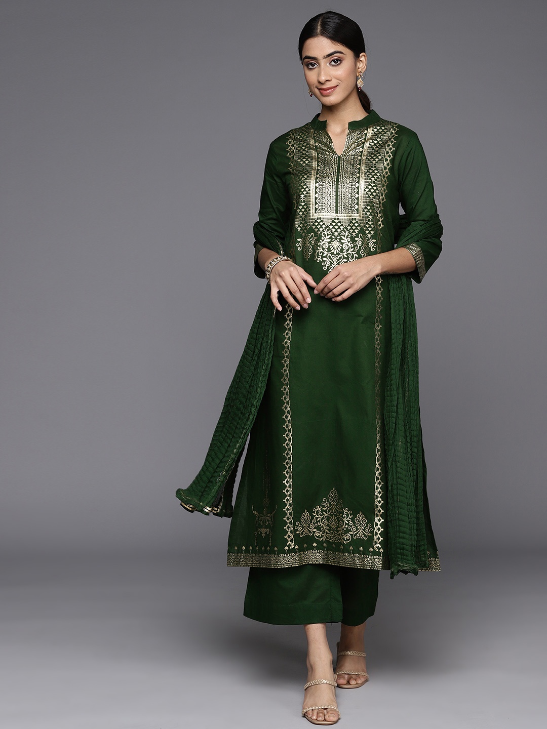 

Biba Women Foil Printed Pure Cotton Kurta with Palazzos & Dupatta, Green