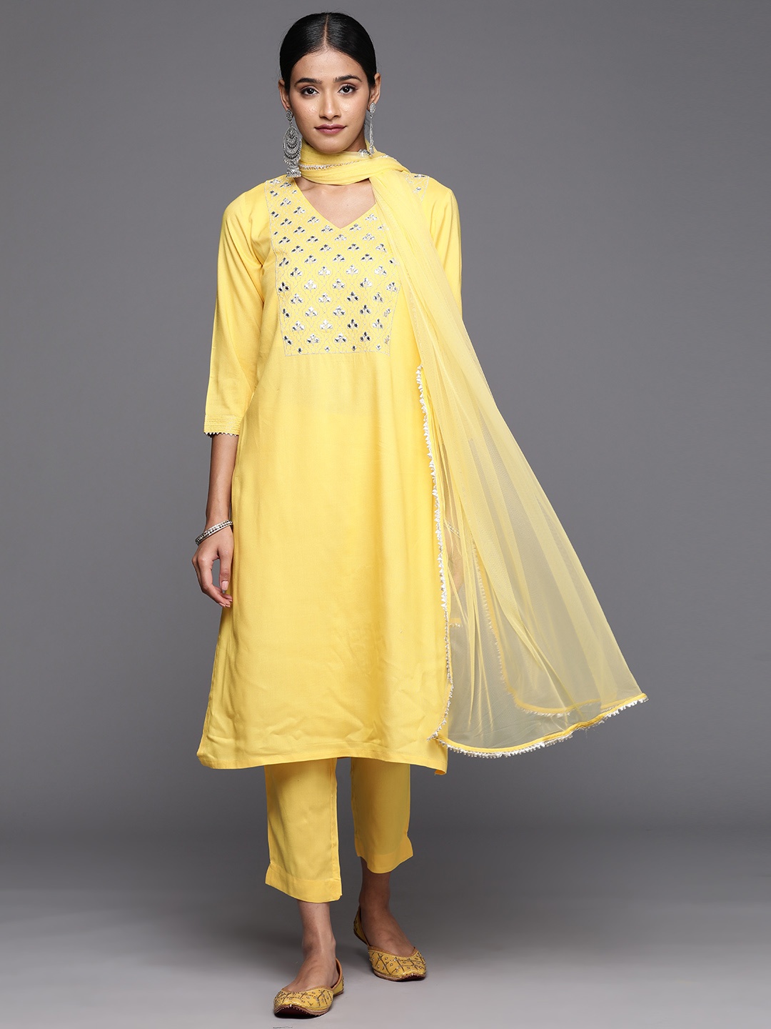 

Biba Women Yoke Design Kurta with Trousers & Dupatta, Yellow