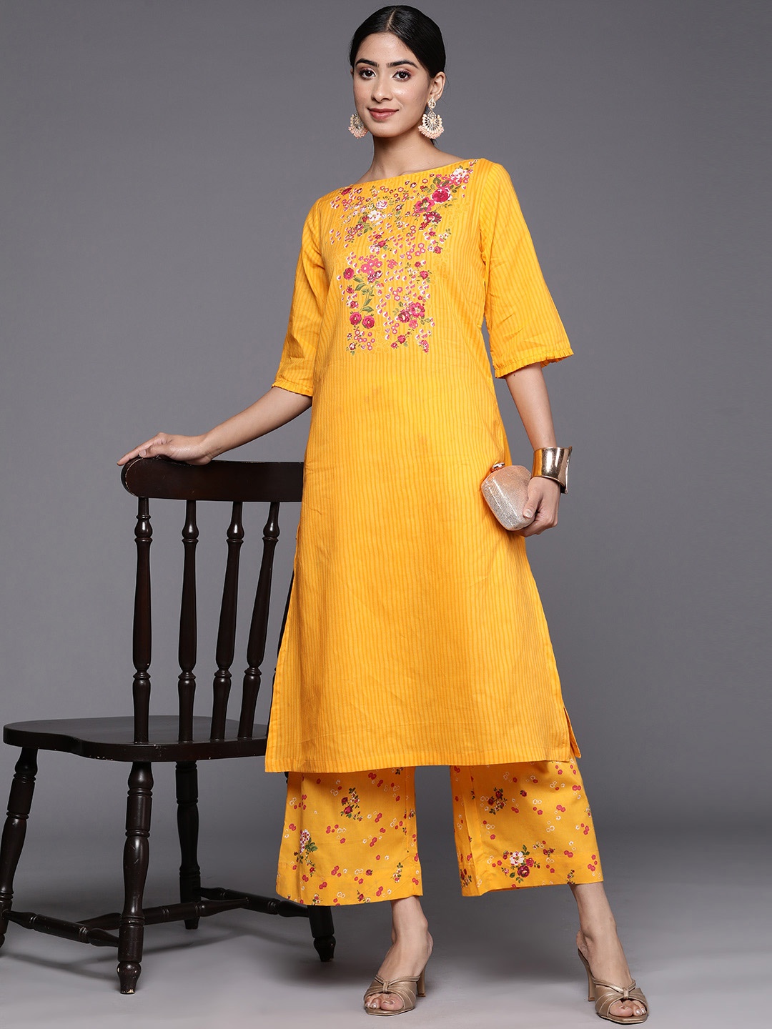 

Biba Ethnic Motifs Printed Yoke Design Pure Cotton Kurta with Palazzos, Yellow